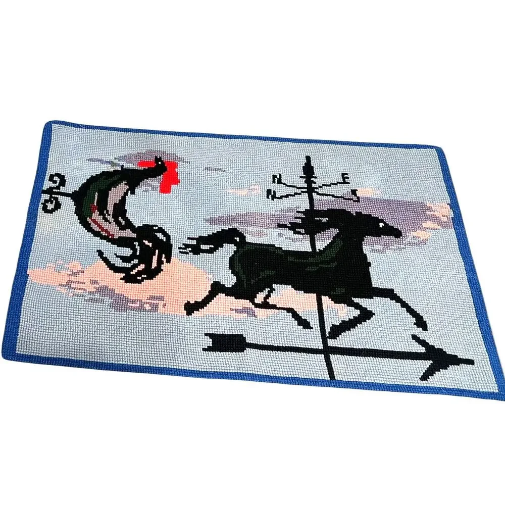 Vintage Handmade Aubusson Rug French Stitch Needlepoint horse farm rooster 51x30